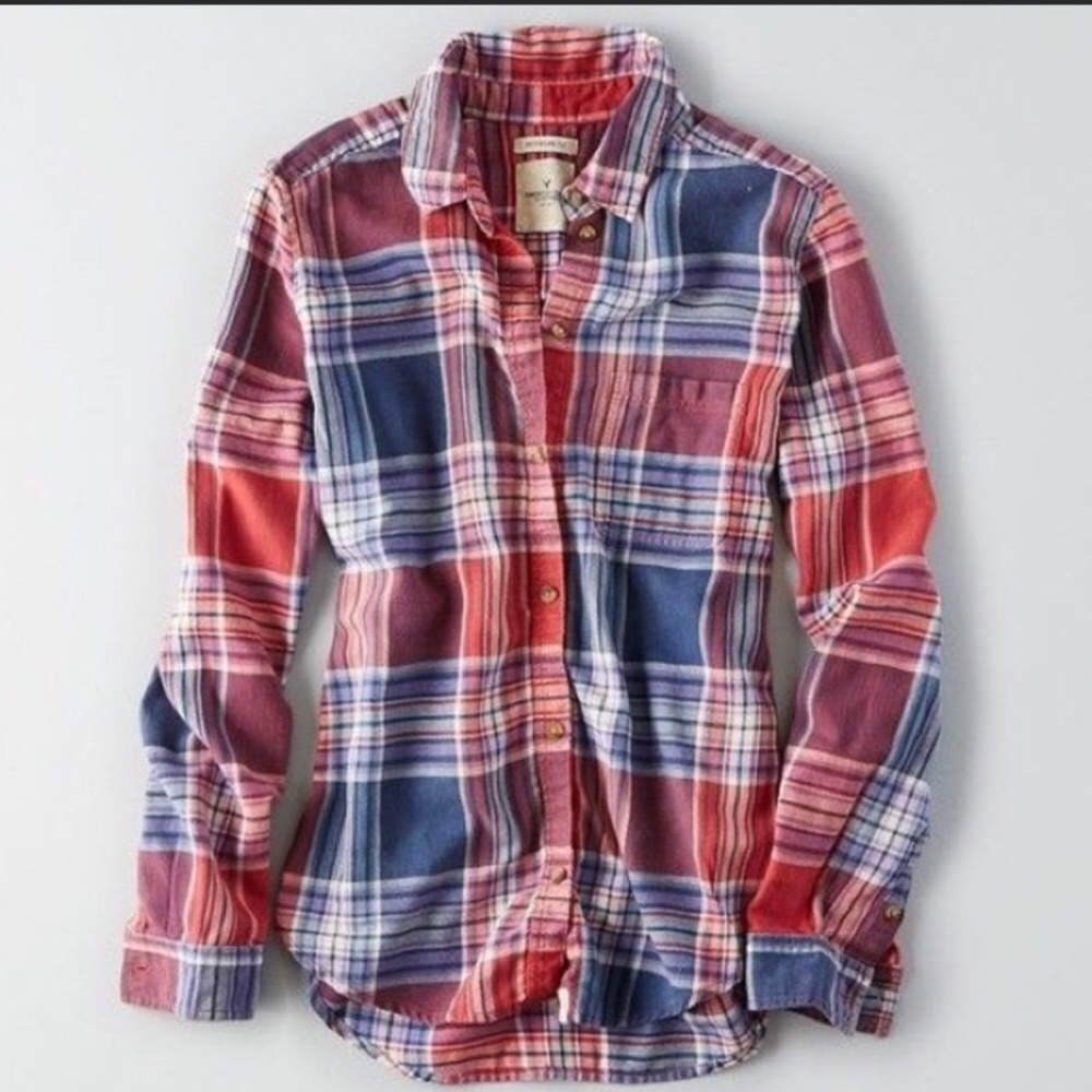 NWT American Eagle Red & Blue Boyfriend Flannel